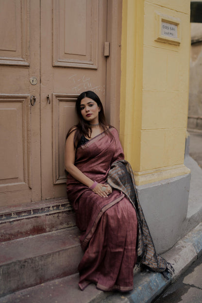 Weaves of Bengal - Sitara - brown linen cotton saree