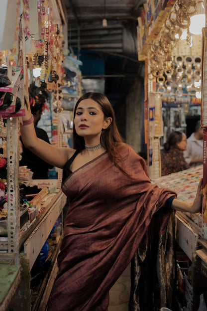 Weaves of Bengal - Sitara - brown linen cotton saree