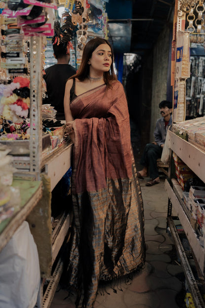 Weaves of Bengal - Sitara - brown linen cotton saree