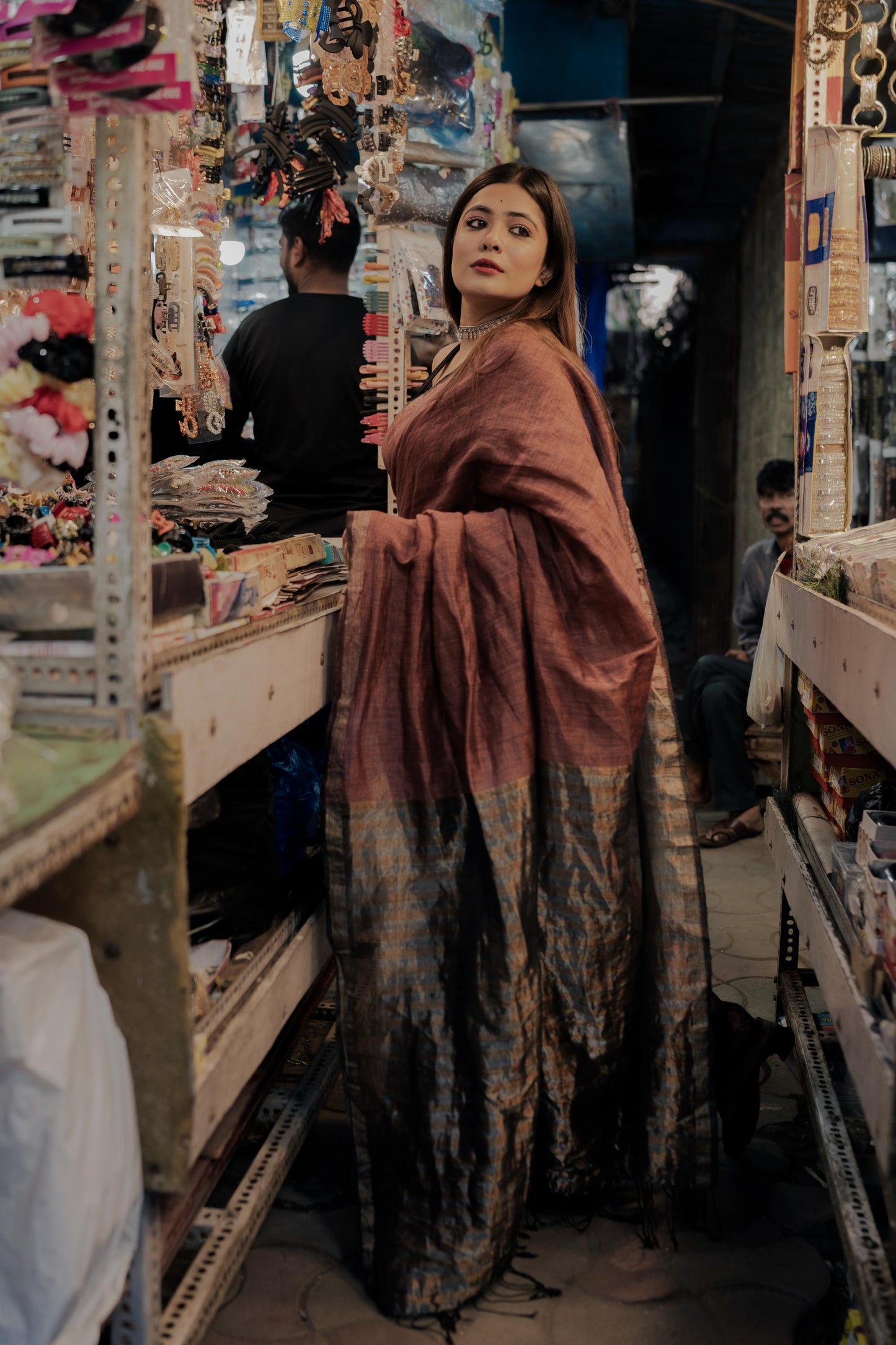 Weaves of Bengal - Sitara - brown linen cotton saree