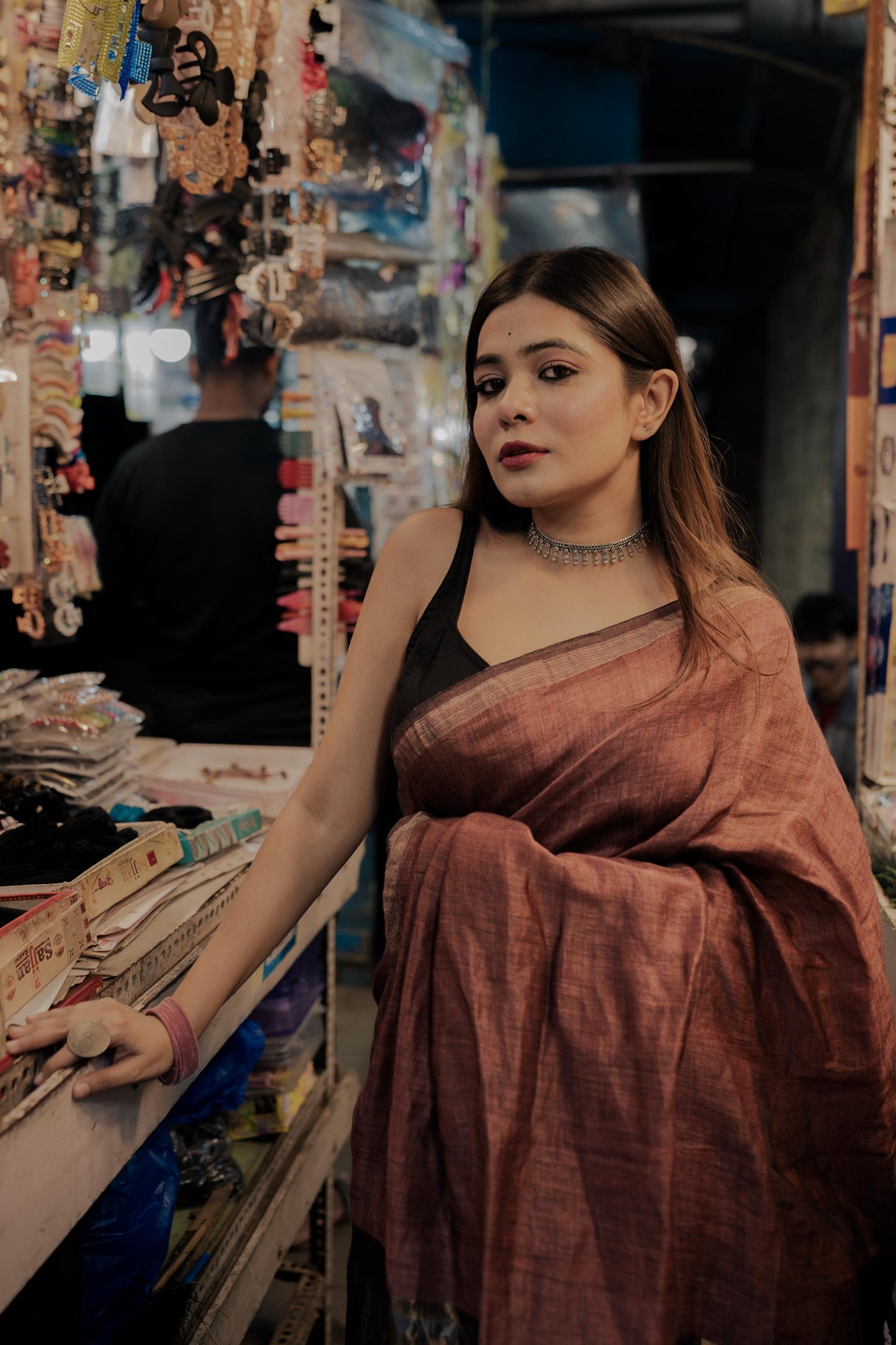 Weaves of Bengal - Sitara - brown linen cotton saree