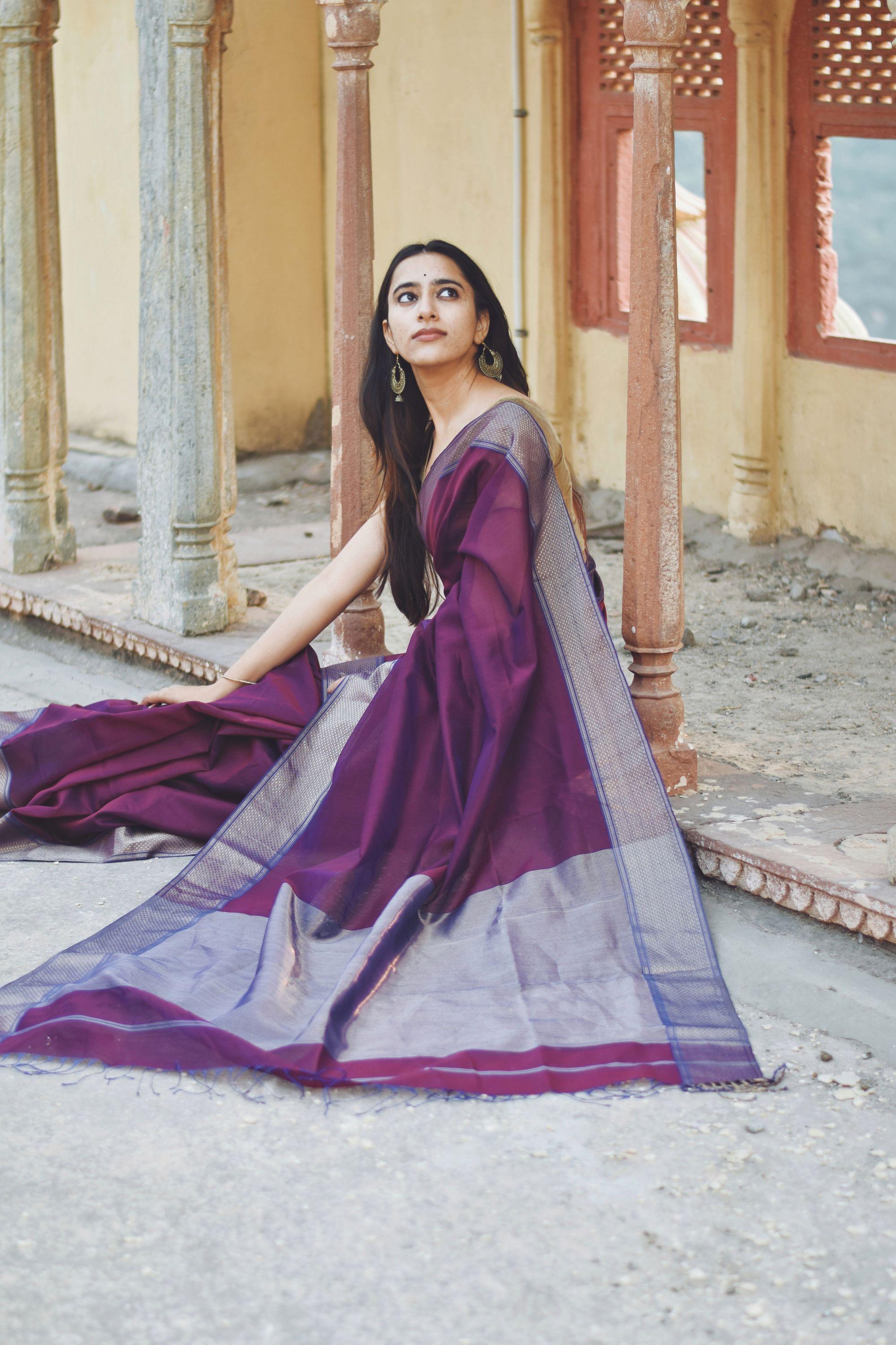 Seher - Dark Purple Maheshwari Saree Kaisori
