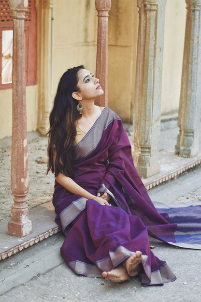 Seher - Dark Purple Maheshwari Saree Kaisori