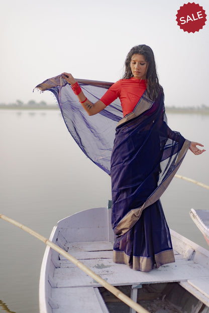 Seher - Navy blue Maheshwari Saree Kaisori