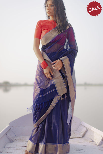 Seher - Navy blue Maheshwari Saree Kaisori
