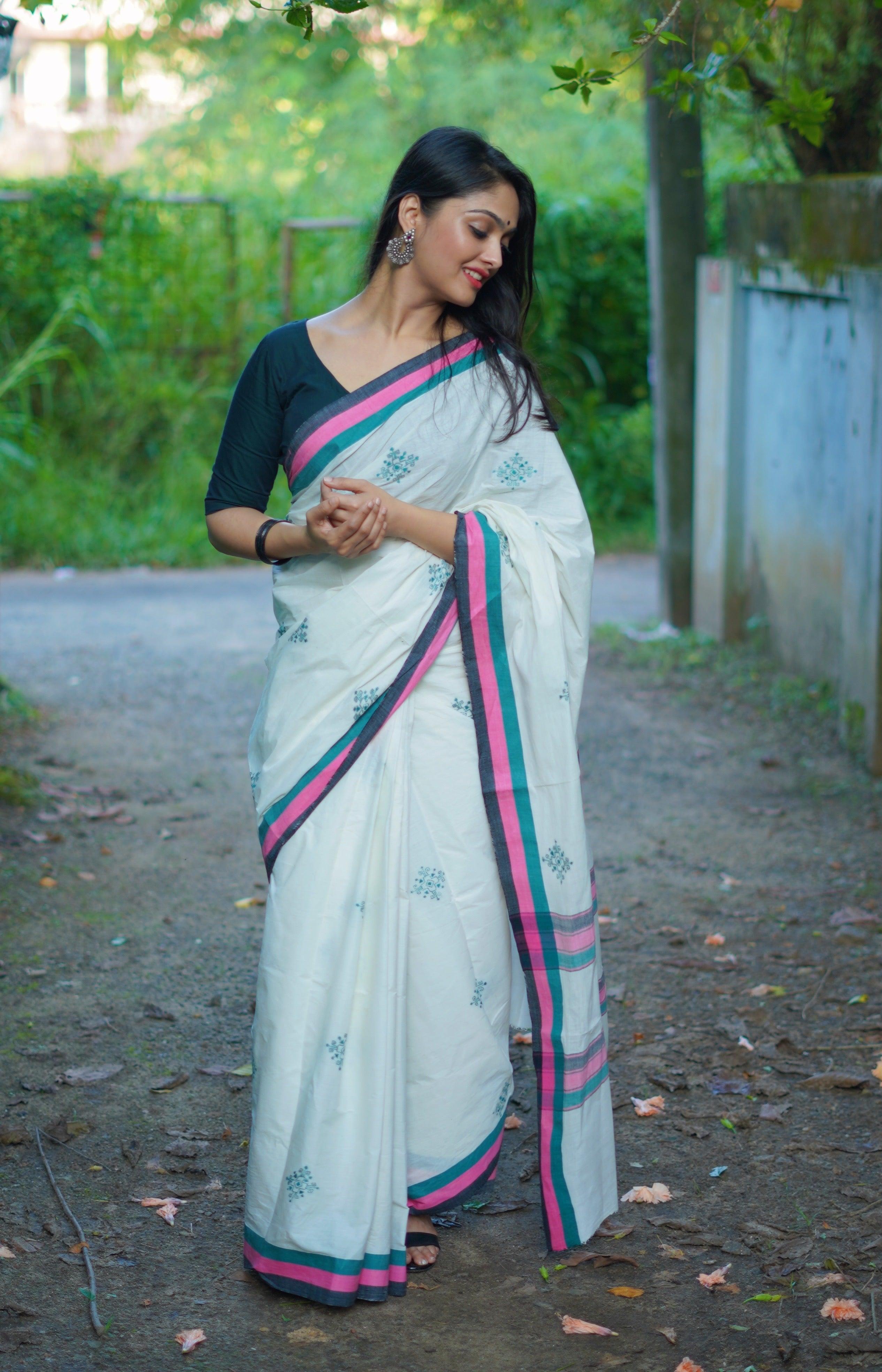 Sitara -  Maitrayee Kerala cotton saree with Kantha work Kaisori