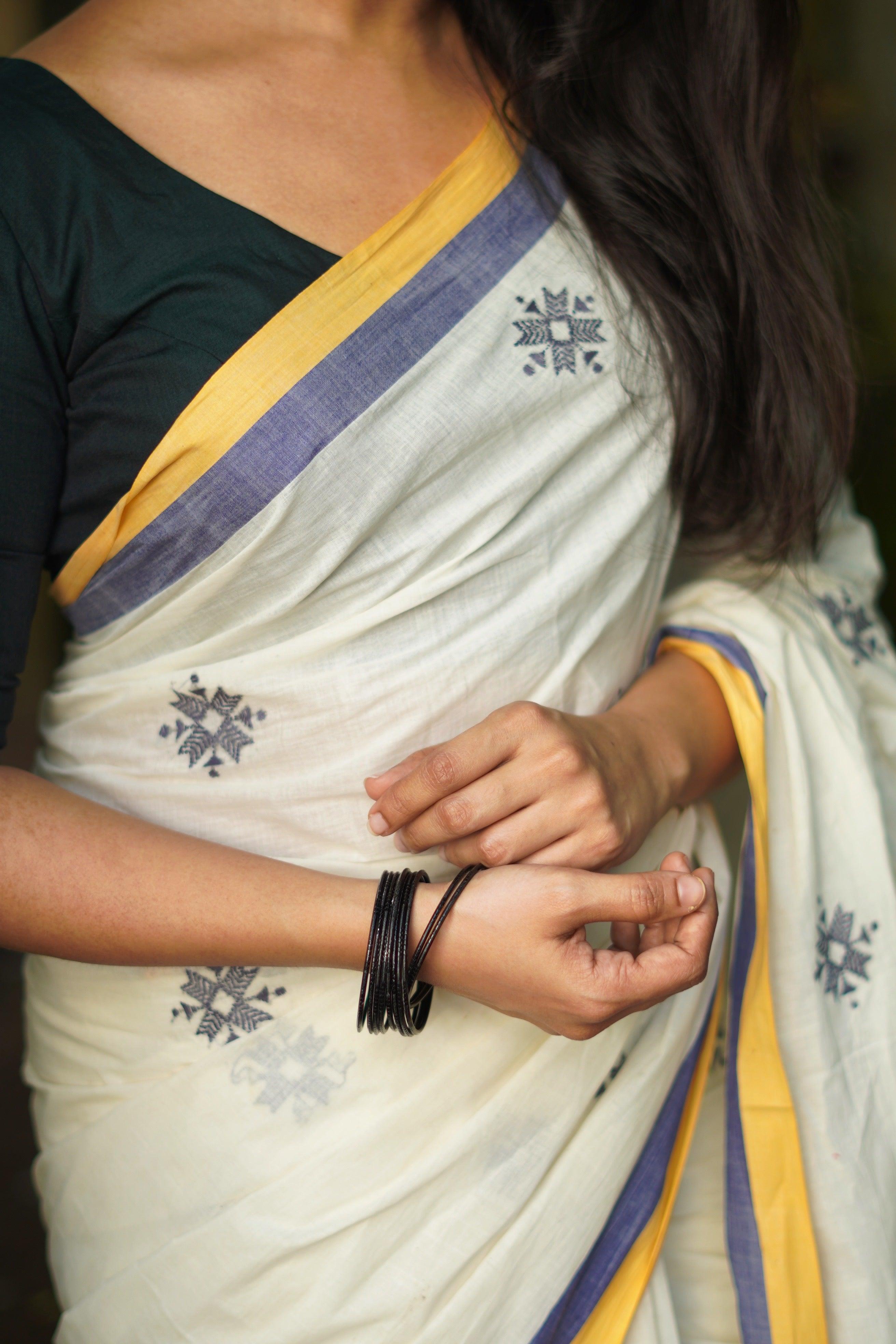 Sitara -  Navya Kerala cotton saree with Kantha work Kaisori