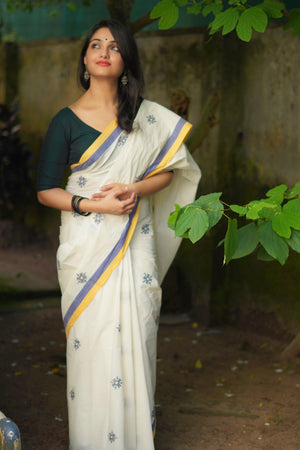 Sitara -  Navya Kerala cotton saree with Kantha work Kaisori