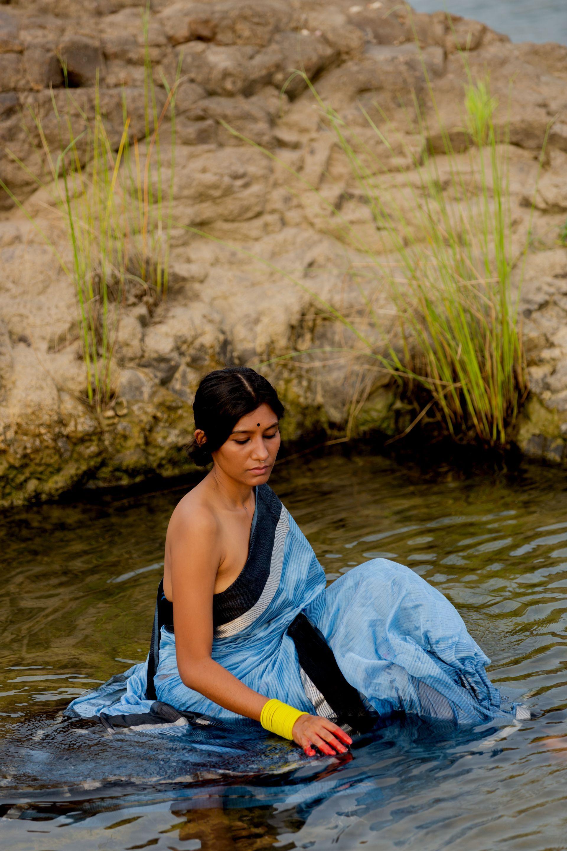 Tattvam  - Light Blue Silk Cotton Maheswari saree Kaisori
