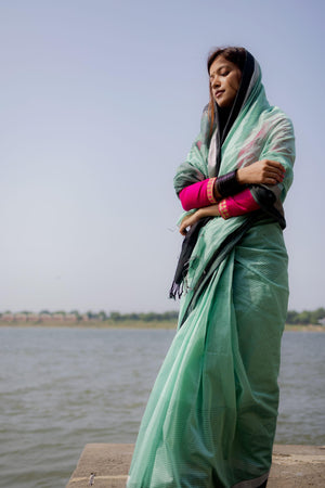 Tattvam  - Light Green Silk Cotton Maheswari saree Kaisori