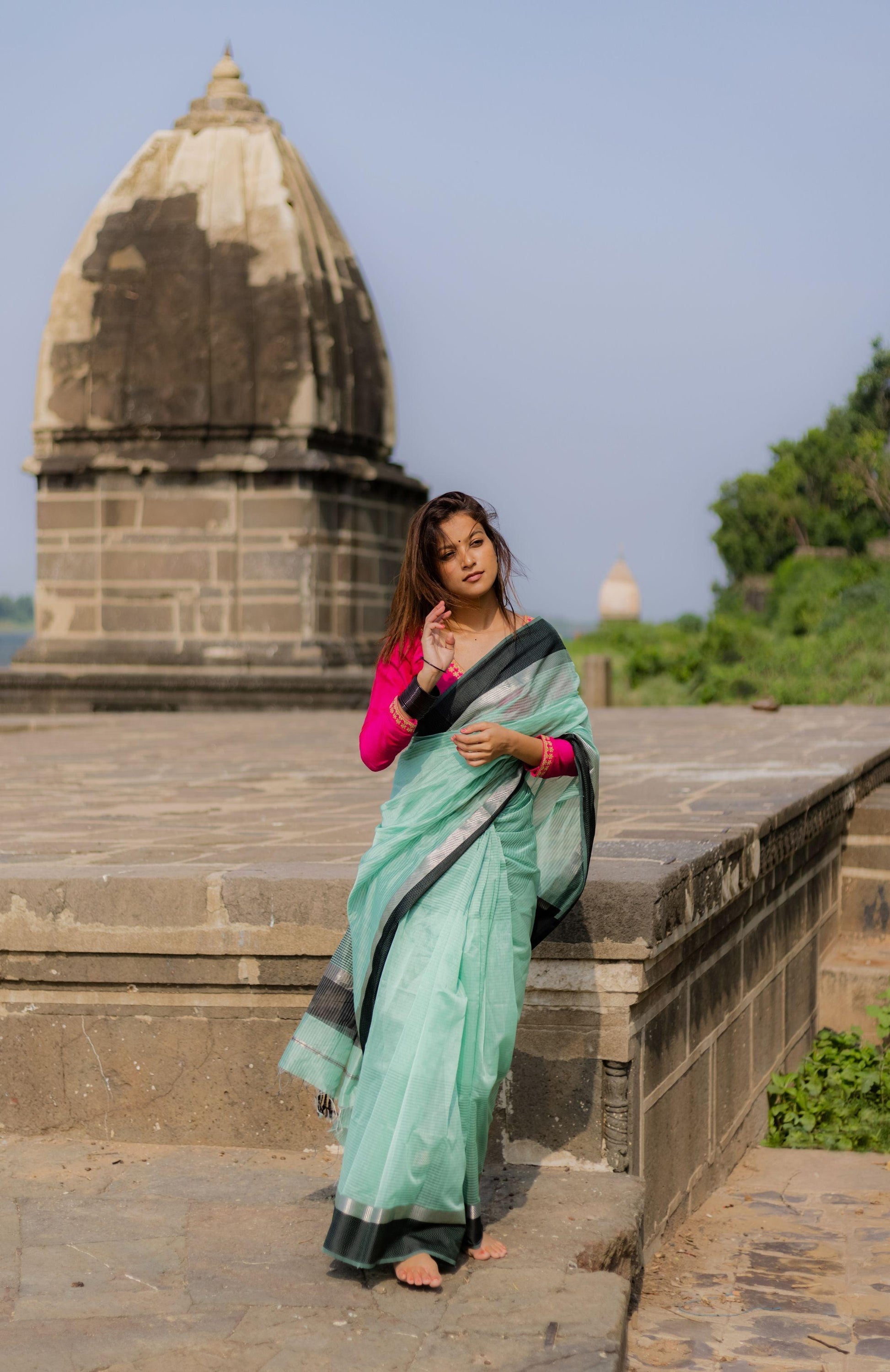 Tattvam  - Light Green Silk Cotton Maheswari saree Kaisori