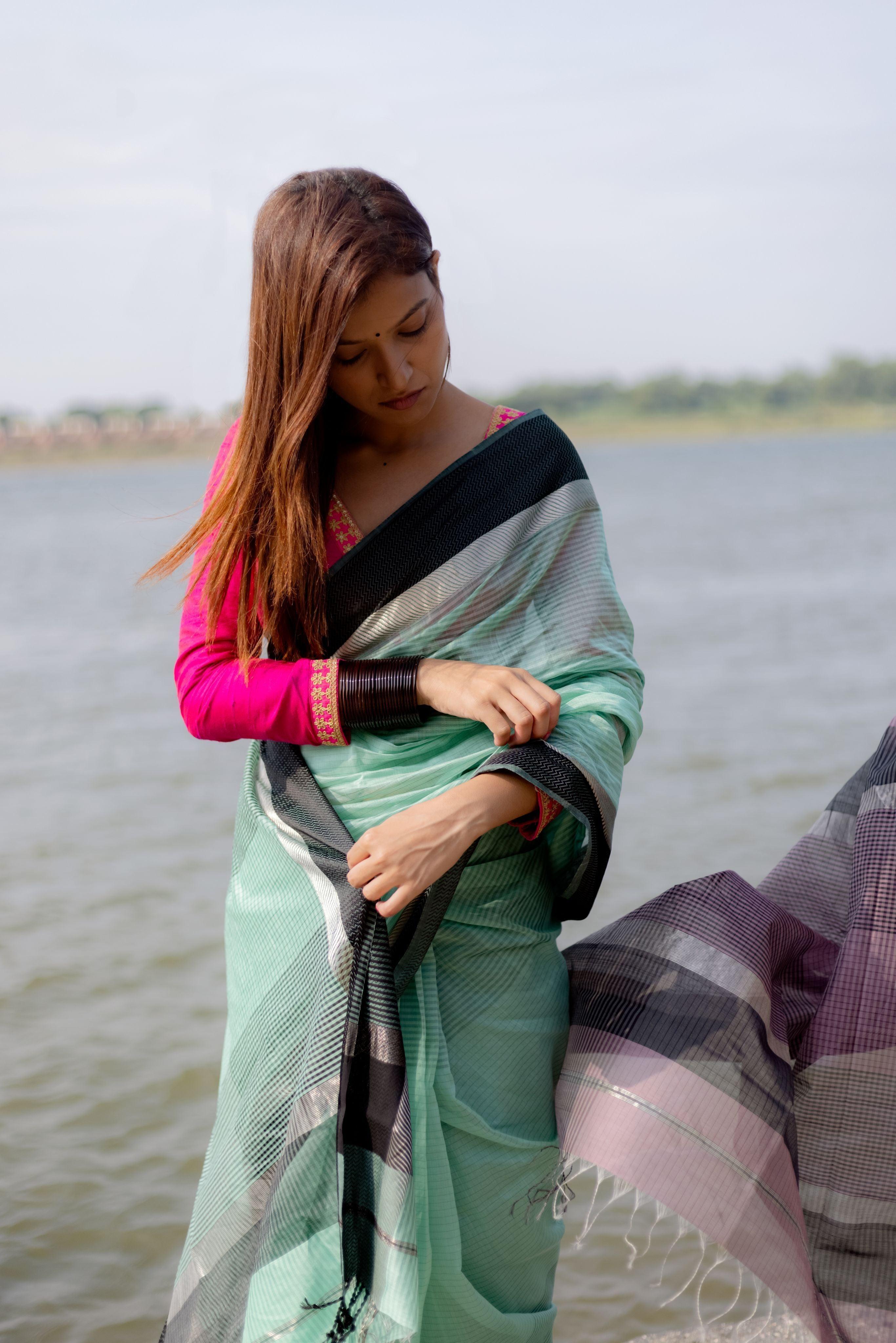 Tattvam  - Light Green Silk Cotton Maheswari saree Kaisori
