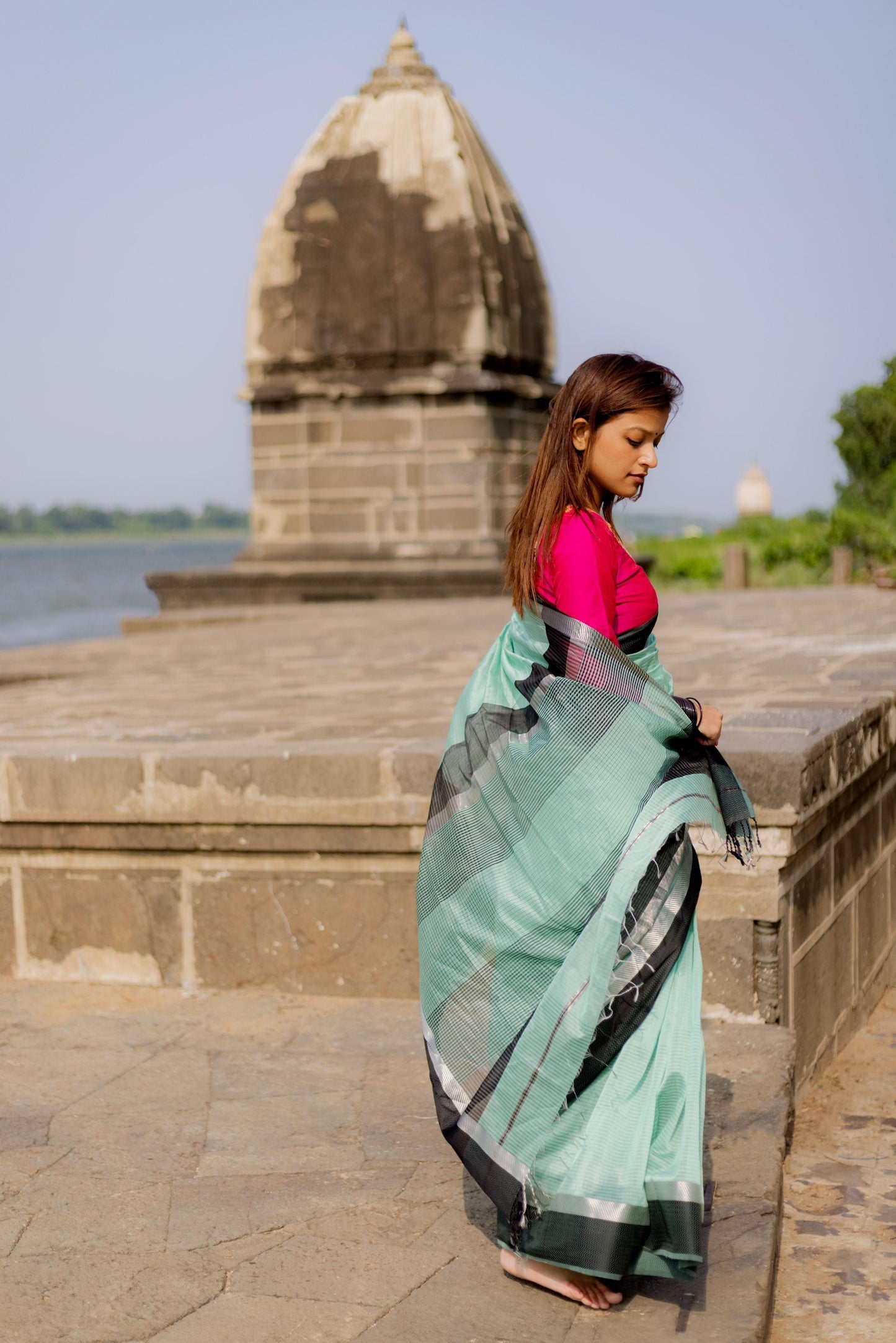 Tattvam  - Light Green Silk Cotton Maheswari saree Kaisori