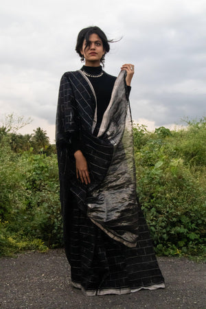 Utsav Black silk cotton silver Zari Chanderi Saree Kaisori