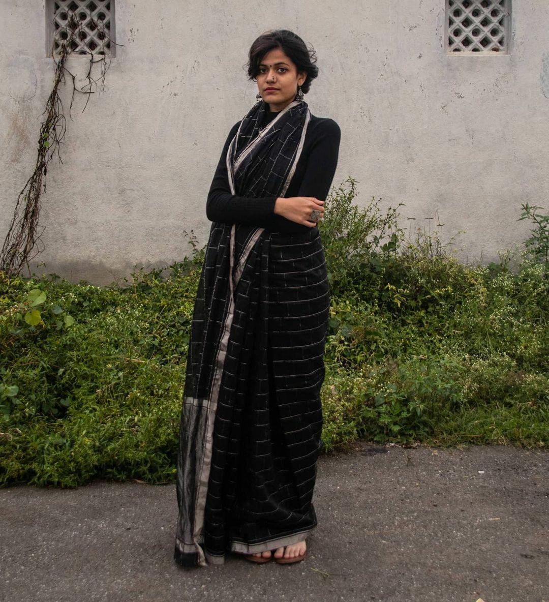 Utsav Black silk cotton silver Zari Chanderi Saree Kaisori