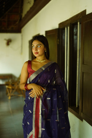 Utsav Blue silk cotton silver Zari Chanderi Saree Kaisori