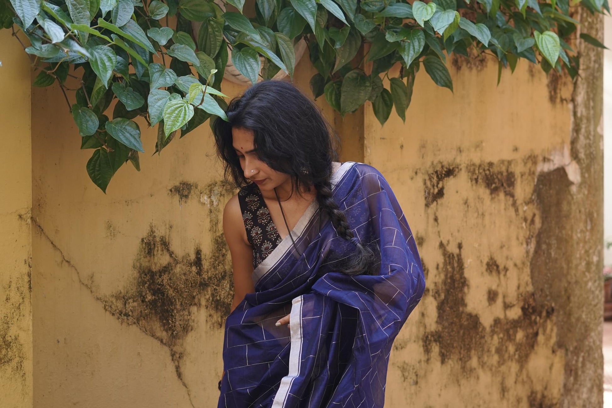 Utsav Navy Blue silk cotton silver Zari Chanderi Saree Kaisori