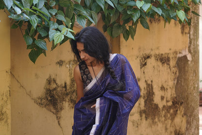 Utsav Navy Blue silk cotton silver Zari Chanderi Saree Kaisori