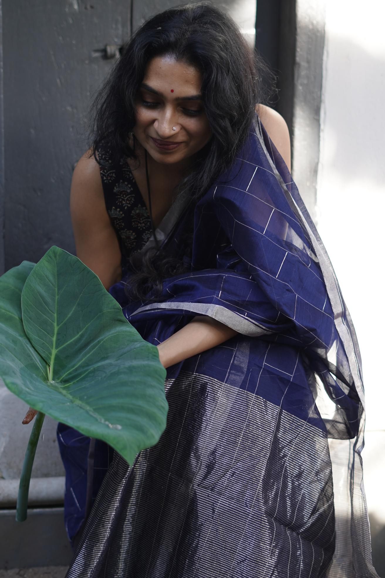 Utsav Navy Blue silk cotton silver Zari Chanderi Saree Kaisori