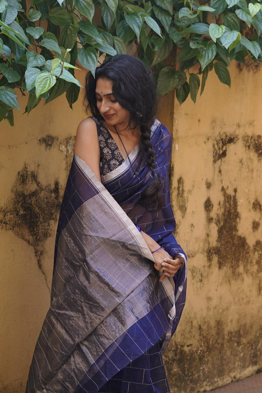 Utsav Navy Blue silk cotton silver Zari Chanderi Saree Kaisori