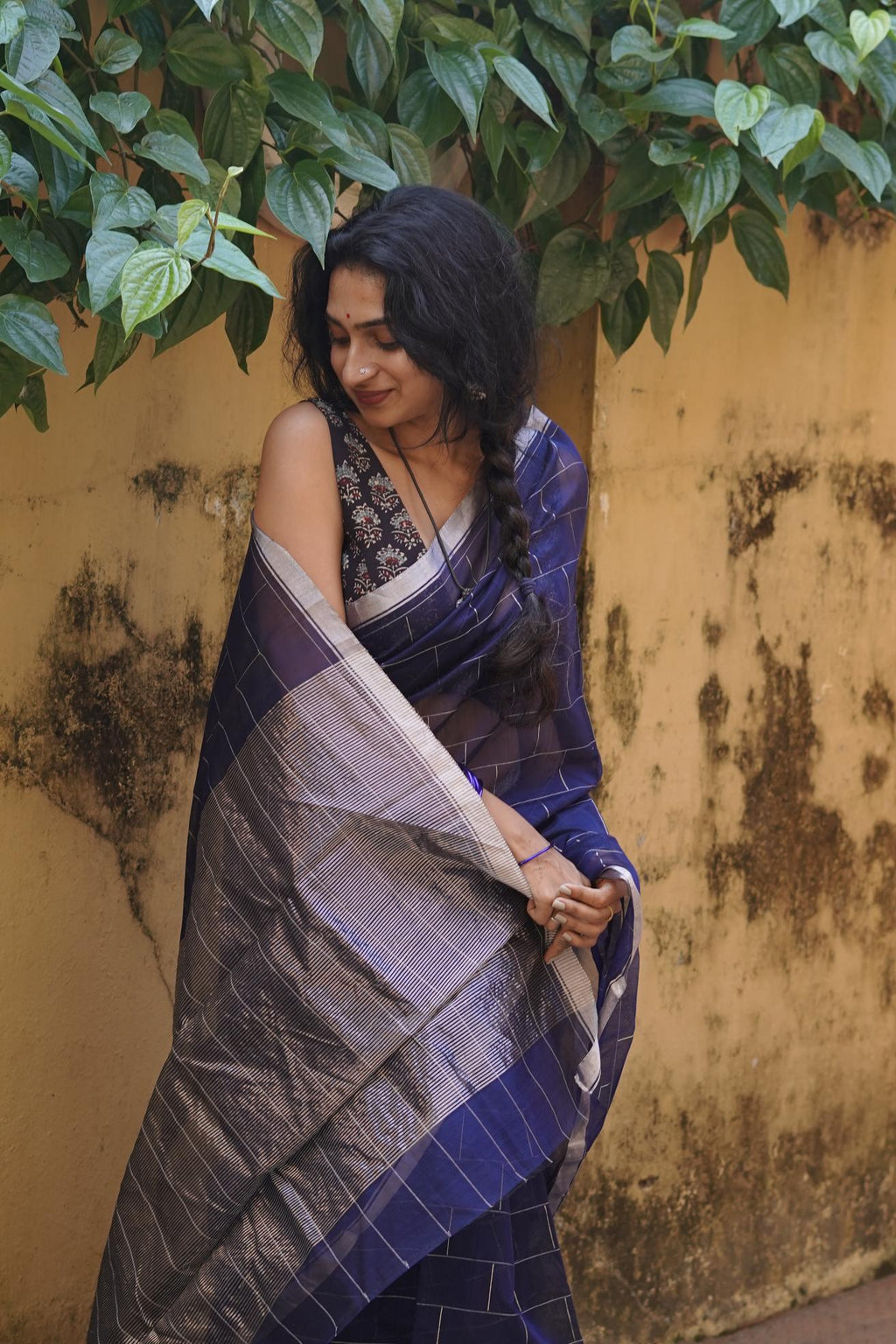 Utsav Navy Blue silk cotton silver Zari Chanderi Saree Kaisori