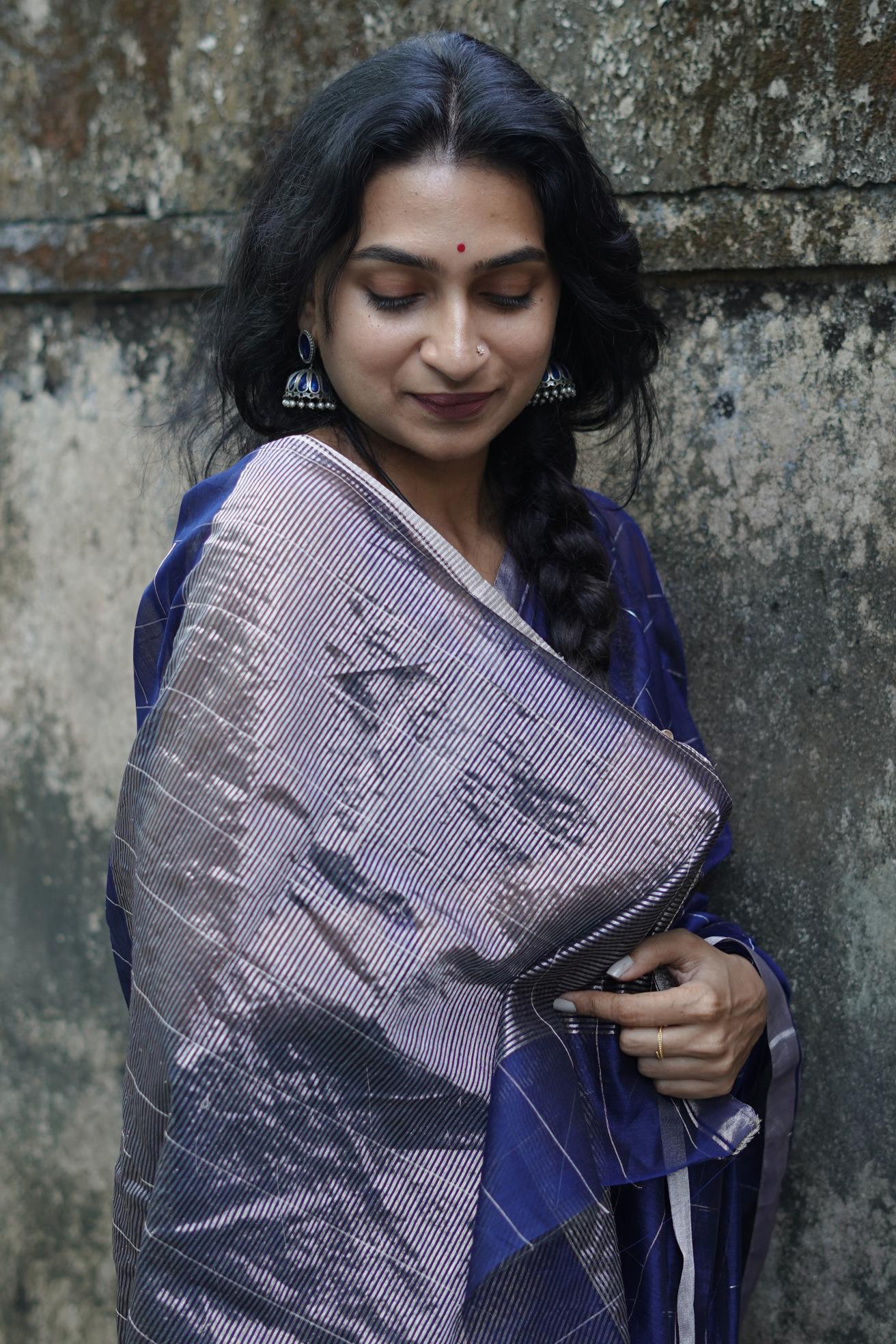 Utsav Navy Blue silk cotton silver Zari Chanderi Saree Kaisori