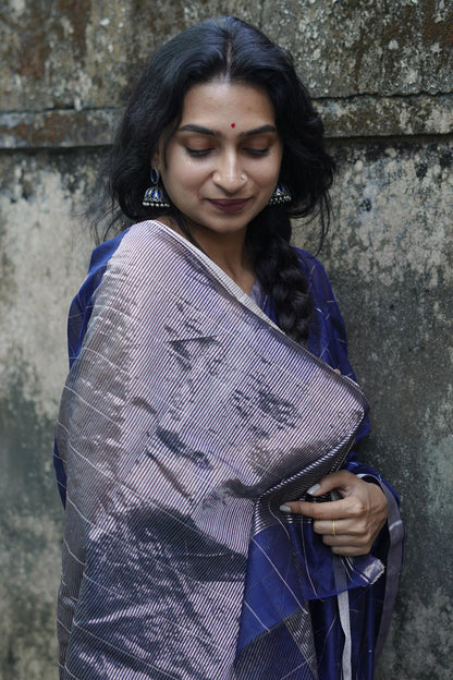Utsav Navy Blue silk cotton silver Zari Chanderi Saree Kaisori