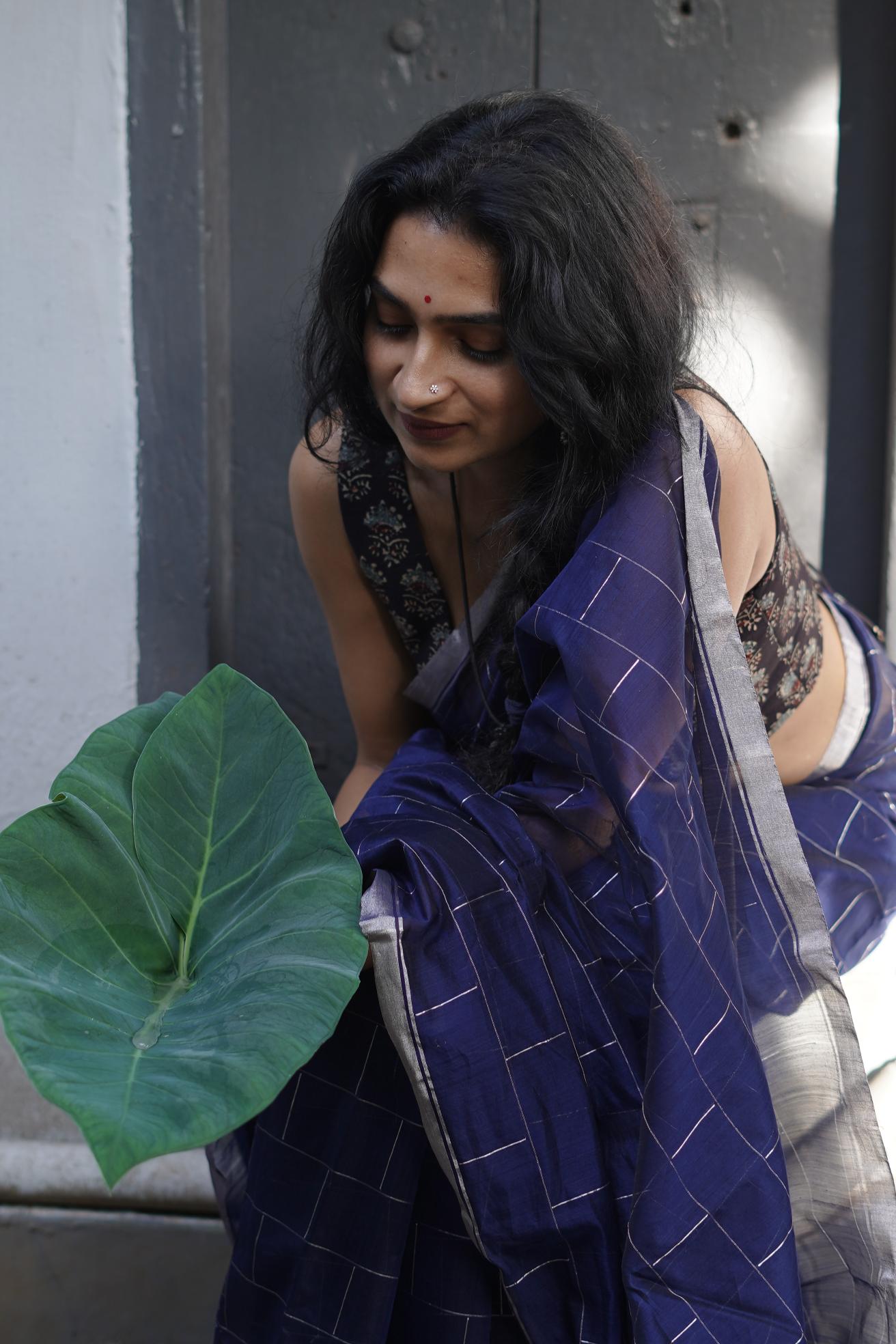 Utsav Navy Blue silk cotton silver Zari Chanderi Saree Kaisori