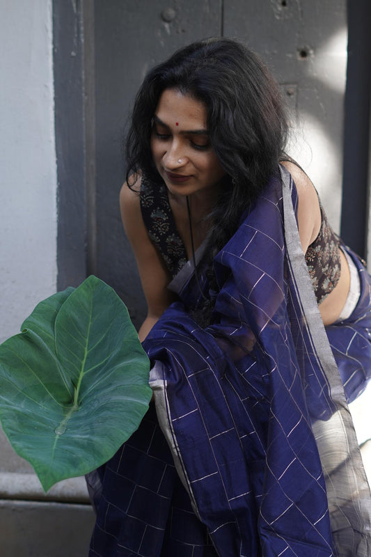 Utsav Navy Blue silk cotton silver Zari Chanderi Saree Kaisori