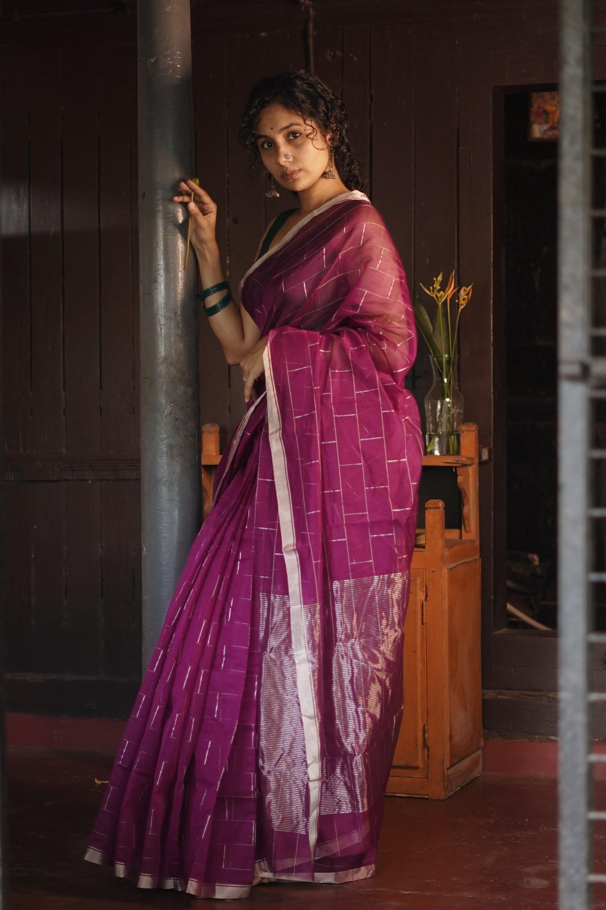 Utsav Pink silk cotton silver Zari Chanderi Saree Kaisori