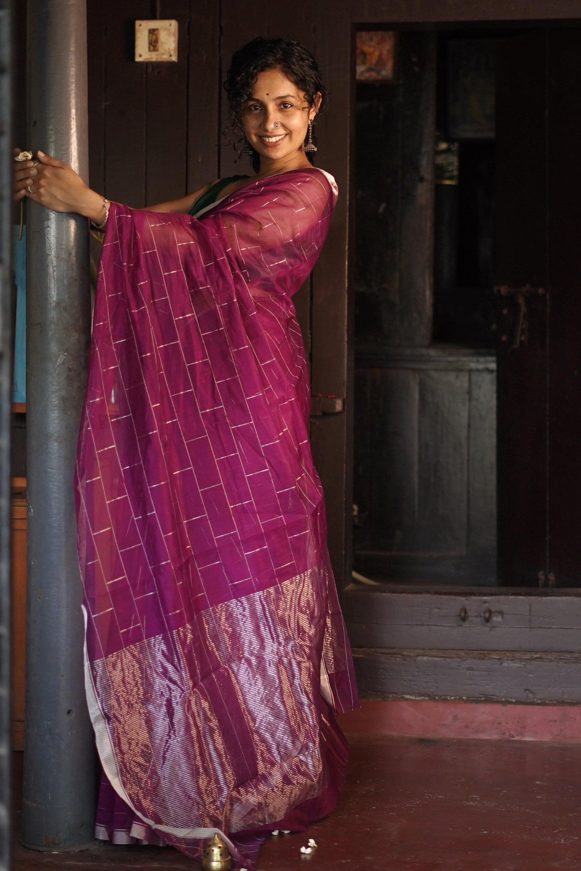 Utsav Pink silk cotton silver Zari Chanderi Saree Kaisori