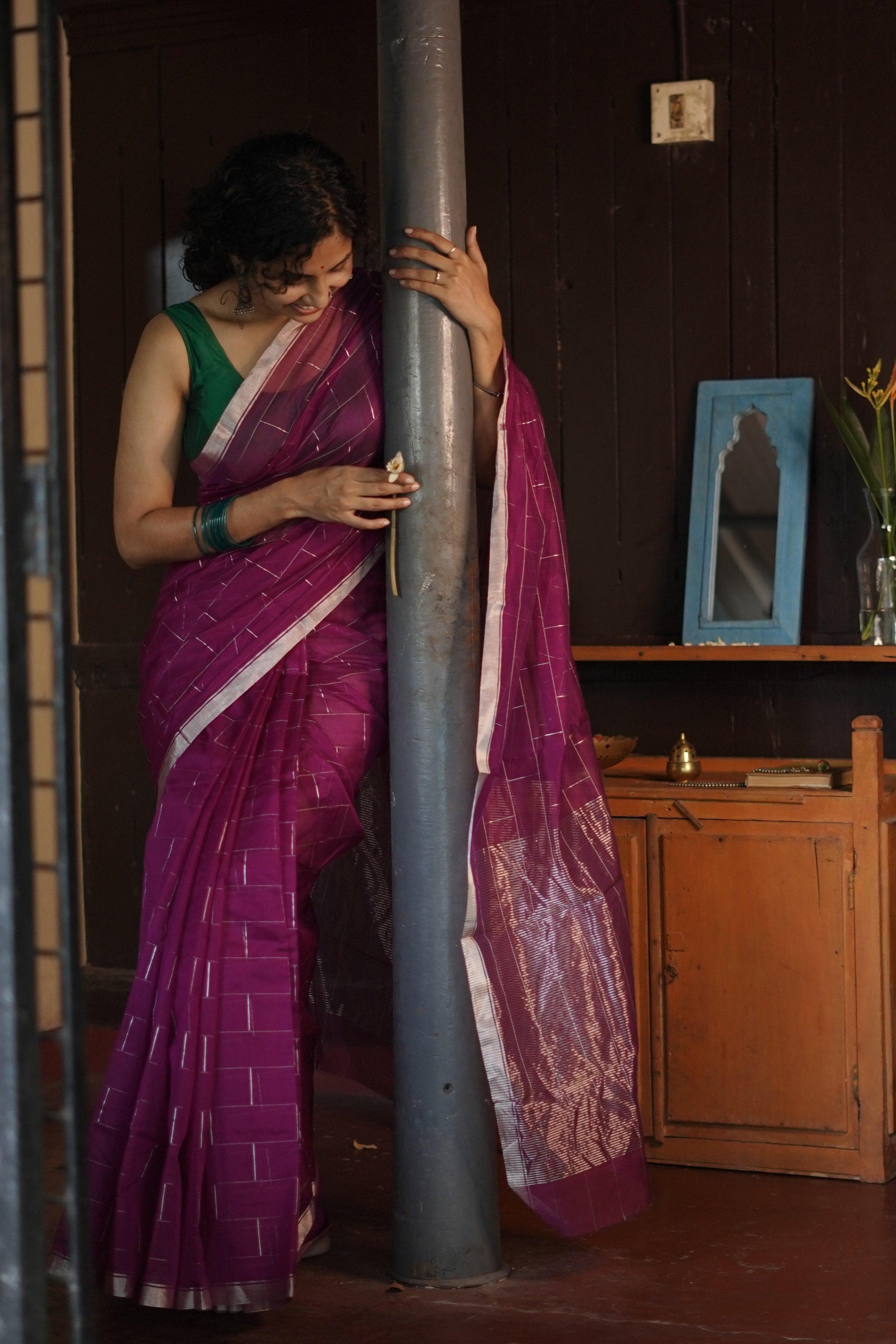 Utsav Pink silk cotton silver Zari Chanderi Saree Kaisori