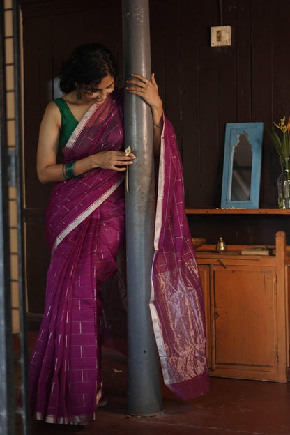 Utsav Pink silk cotton silver Zari Chanderi Saree Kaisori