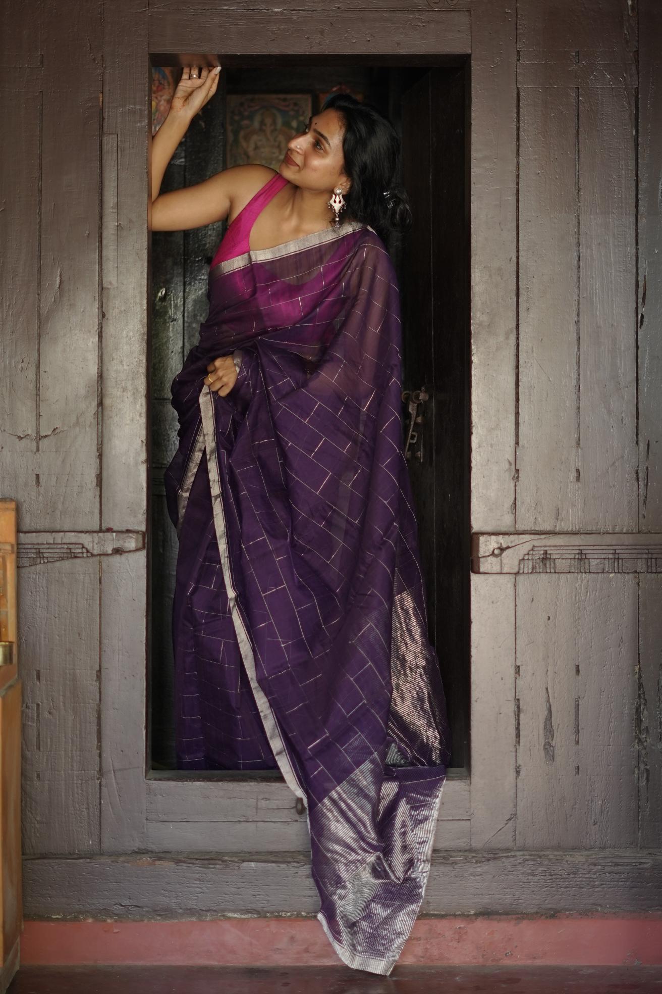 Utsav Purple silk cotton silver Zari Chanderi Saree Kaisori
