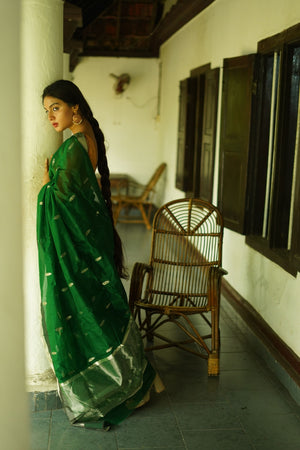 Utsav dark green silk cotton silver Zari Chanderi Saree Kaisori