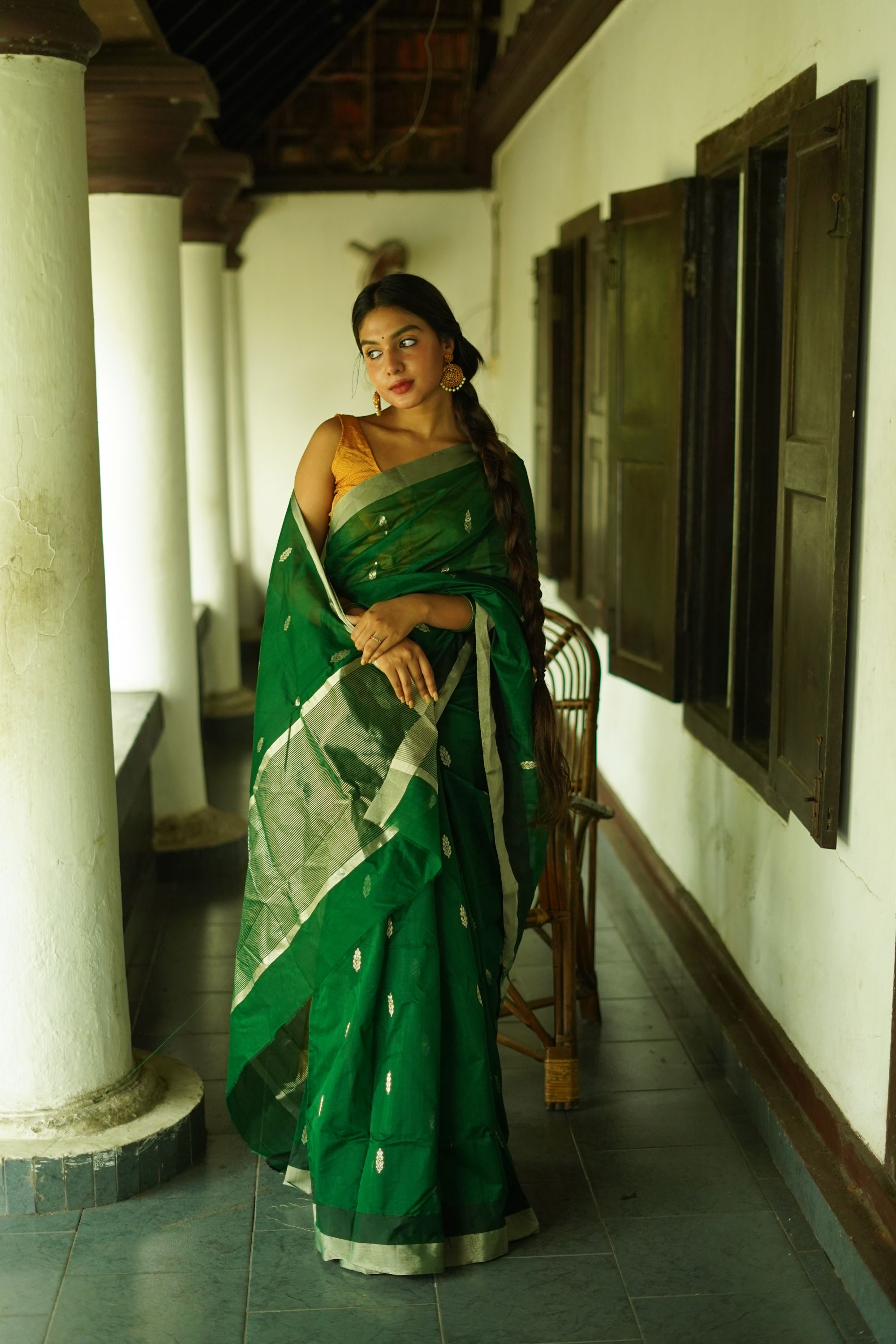 Utsav dark green silk cotton silver Zari Chanderi Saree Kaisori