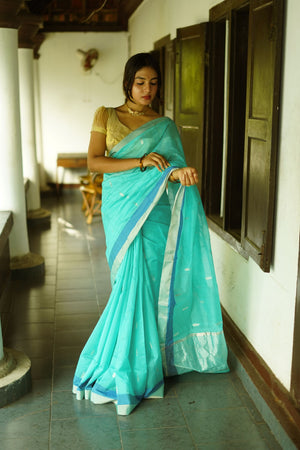 Utsav light Blue silk cotton silver Zari Chanderi Saree Kaisori