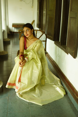 Utsav light green silk cotton silver Zari Chanderi Saree Kaisori