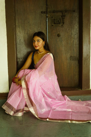Pink Color Linen Cotton Embroidered Handloom Saree with Silver Zari Border  – BharatSthali