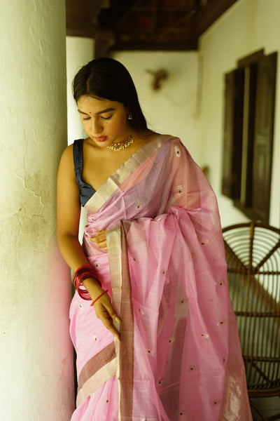 Buy Peach and Pink Hand Block Printed Silk Chanderi Saree with All-Over  Gota and Silver Zari Embroidery by KORA at Ogaan Online Shopping Site