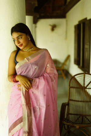 Utsav light pink  silk cotton silver Zari Chanderi Saree Kaisori