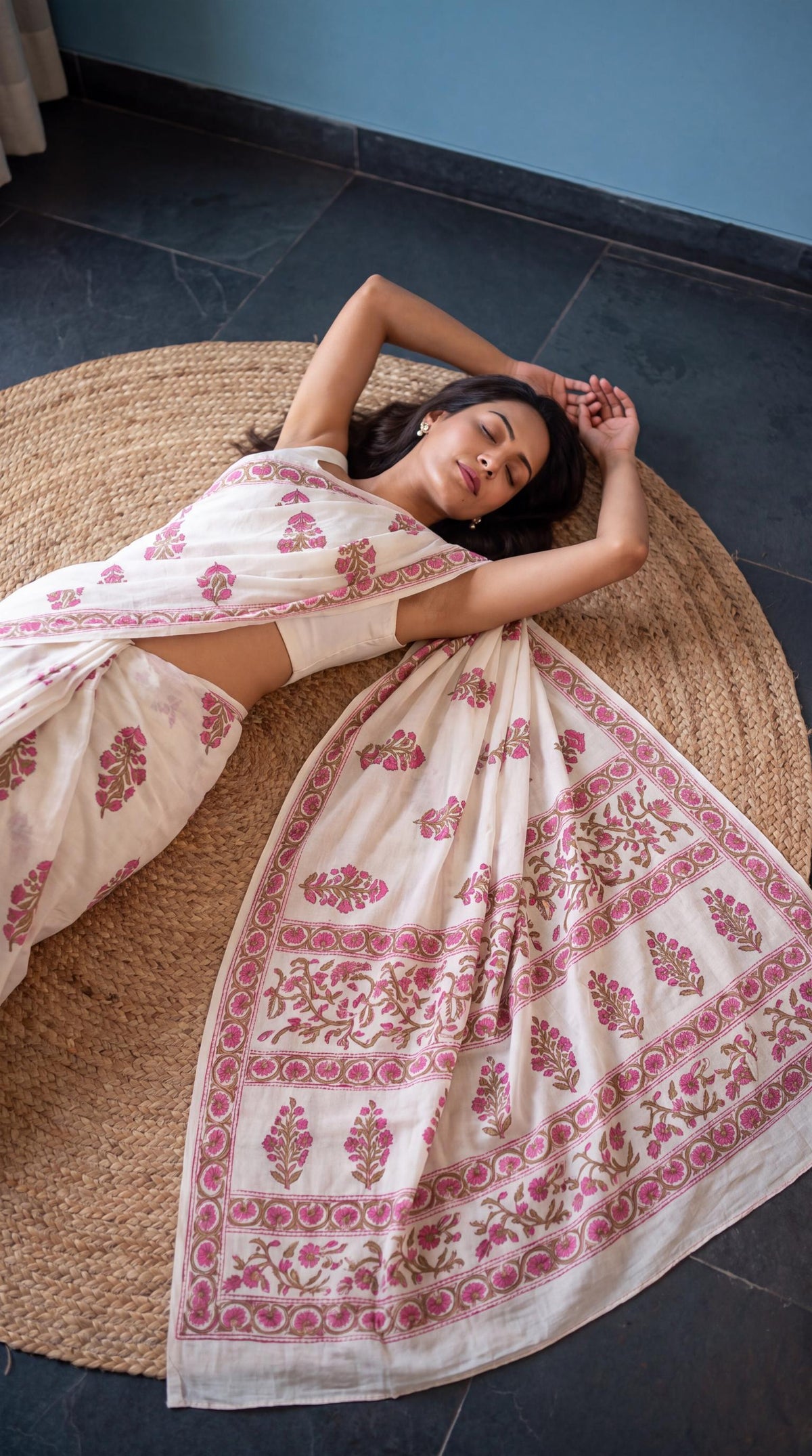 Anokhi  – Pink Sanganeri Block Print Mulmul Saree