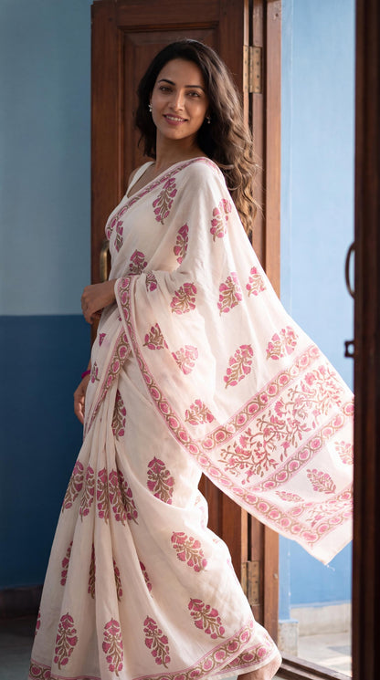Anokhi  – Pink Sanganeri Block Print Mulmul Saree