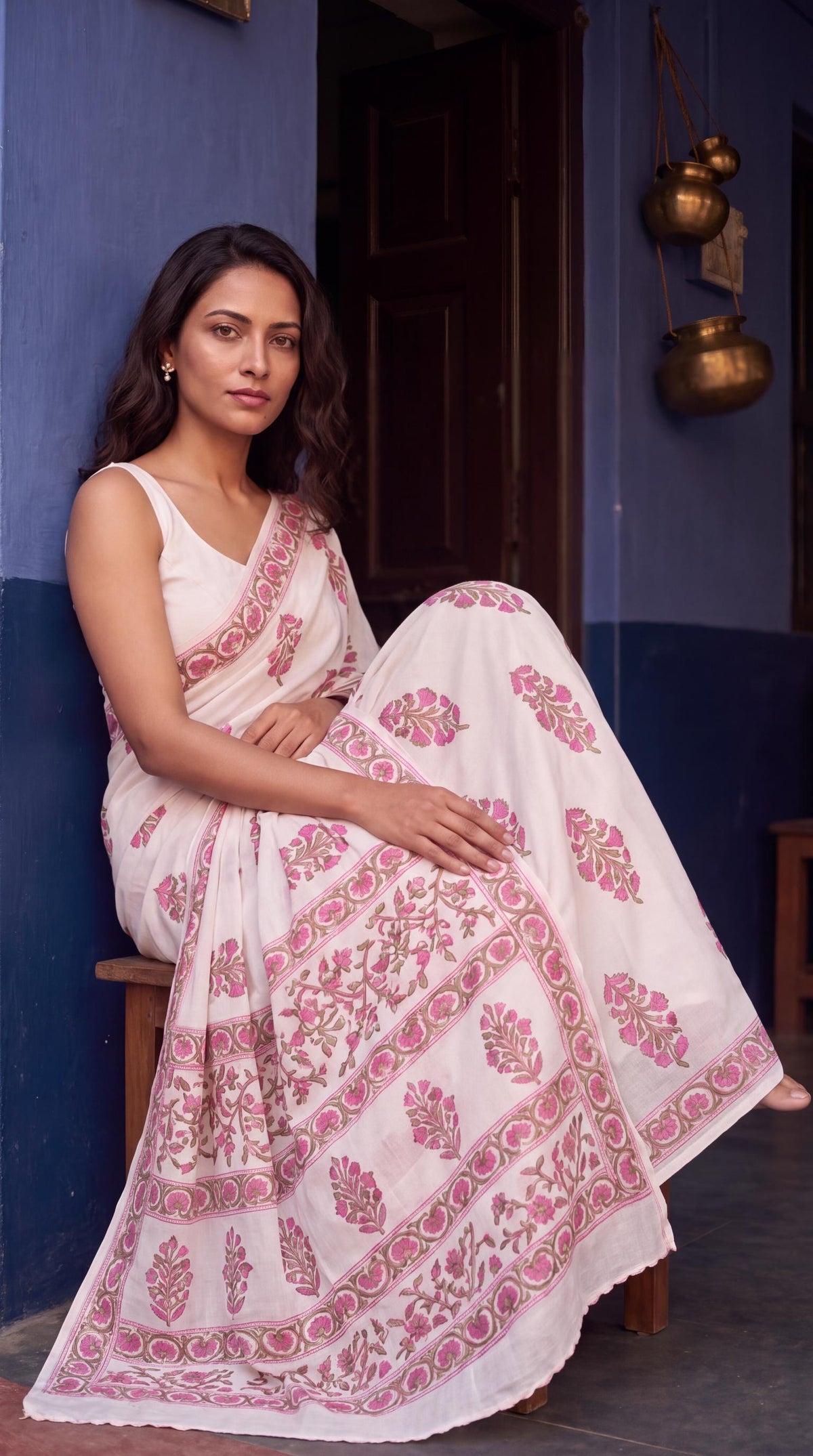 Anokhi  – Pink Sanganeri Block Print Mulmul Saree