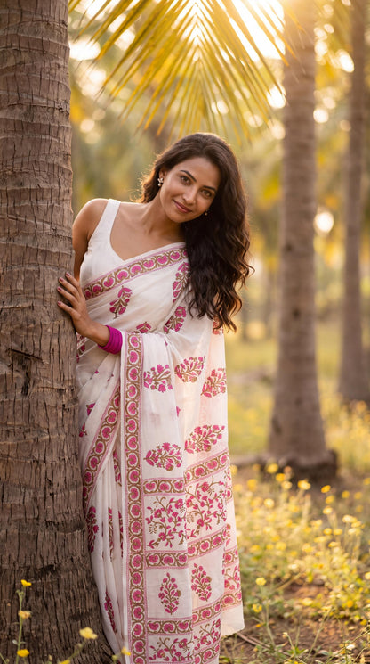 Anokhi  – Pink Sanganeri Block Print Mulmul Saree