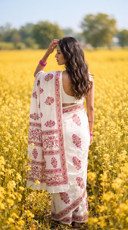 Anokhi  – Pink Sanganeri Block Print Mulmul Saree