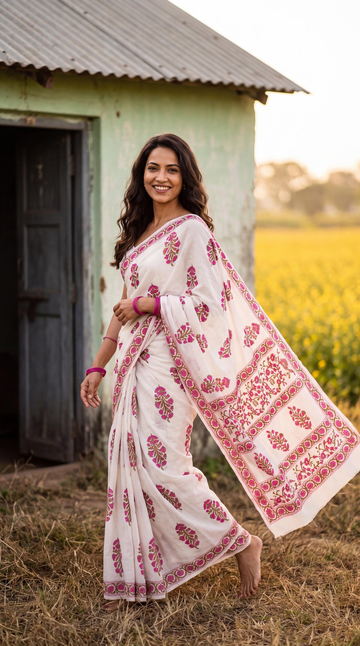 Anokhi  – Pink Sanganeri Block Print Mulmul Saree