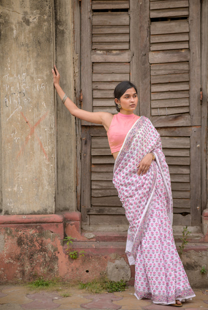 Kaisori Aira pink tulip cotton hanblockprinted saree