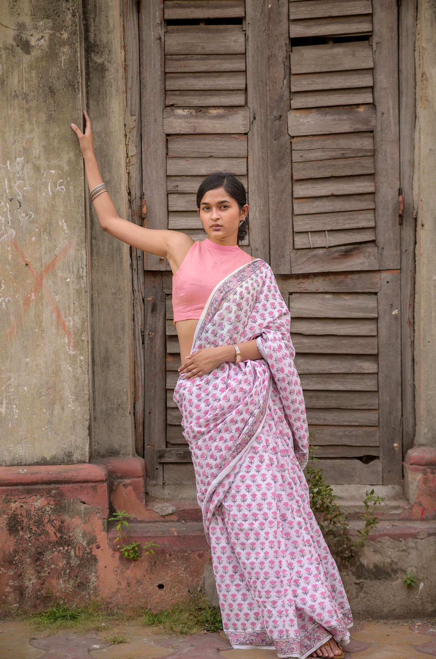 Kaisori Aira pink tulip cotton hanblockprinted saree