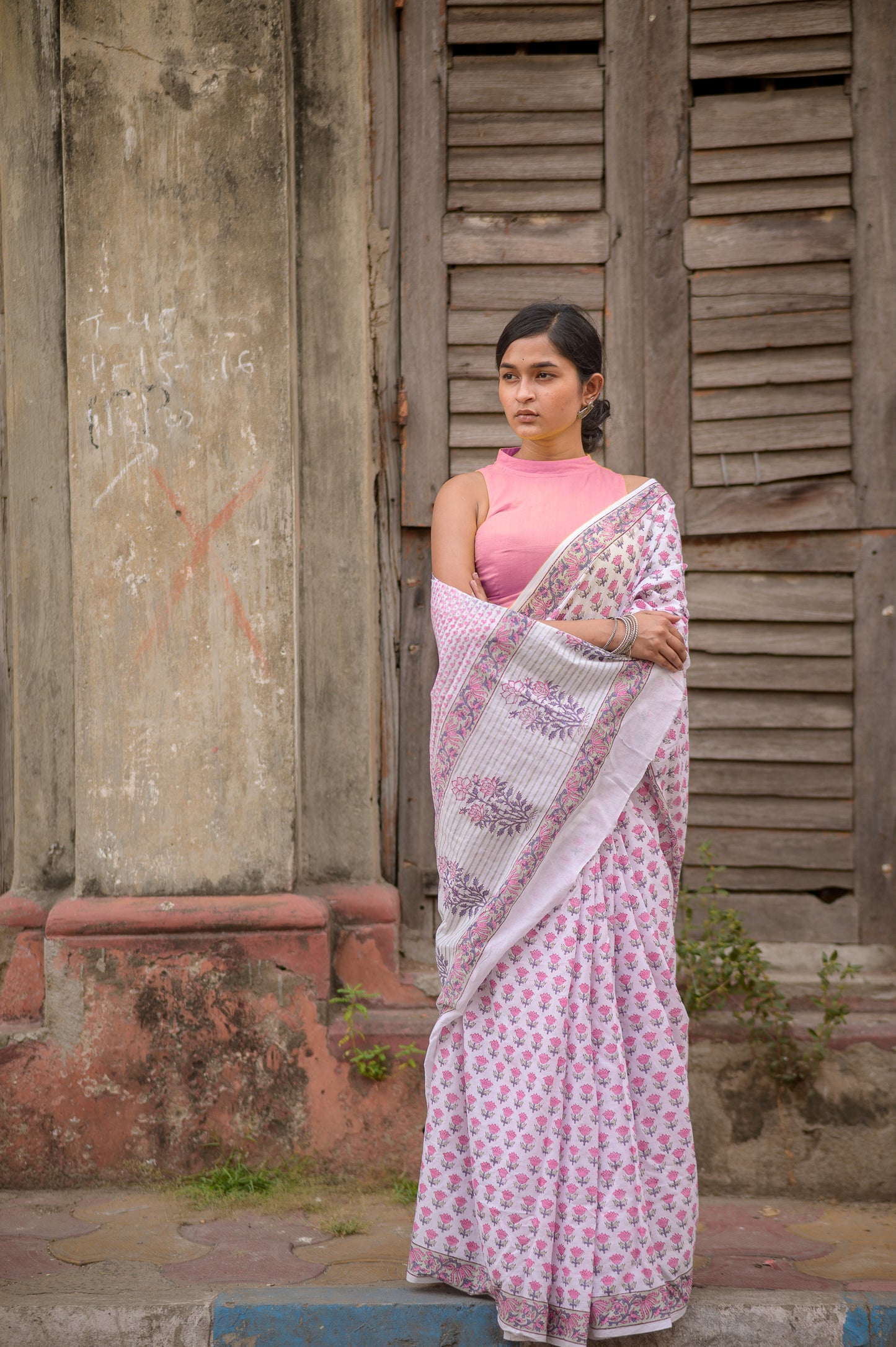 Kaisori Aira pink tulip cotton hanblockprinted saree